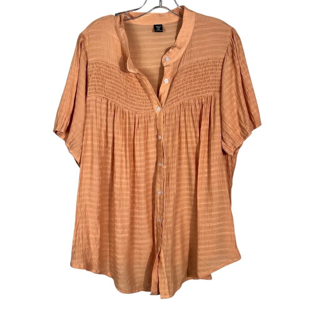 Shein Curve Light Orange Smocked Neck Button Down Short Sleeve Plus Size Top 2XL